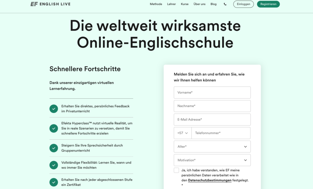 EF English Live Anmeldung
